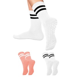 Pilates Grippy Socks with Grips for Women Men Non Slip Anti Skid Sticky Pure Barre Yoga Socks White Cute Crew Length Ideal for Ballet Dance Home Barefoot Workout Hospital Athletic Gripper Womens Socks