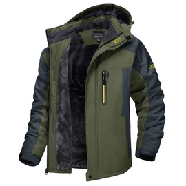 TACVASEN Men's Winter Ski Jacket Waterproof Snow Coats Fleece Snowboard Skiing Jacket Warm Parka with Hooded, Green 2XL
