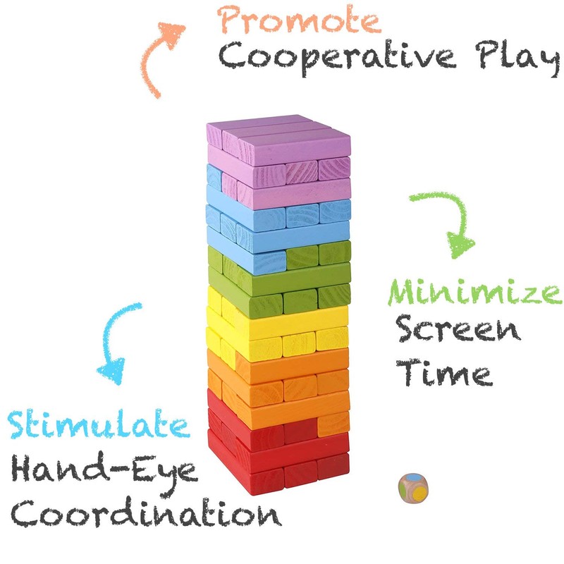 Pidoko Kids Wooden Stacking Building Blocks (49 Pcs) - Colorful