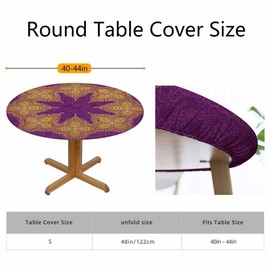Guxxuil Traditional Golden Purple Round Fitted Tablecloth Ornate Element Flower Elastic Edge Tablecloth Waterproof Oilcloth Table Cover for 40"-44"