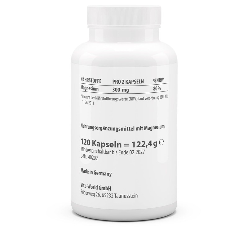vitaworld Magnesiumtaurat, vegan, 300 mg elementares Magnesium pro 2 Kapseln,
