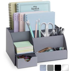 Acrylic Office Desk Organizer with Drawer, 9 Compartments, All in One Office Supplies and Cool Desk Accessories Organizer, Enhance Your Office Decor with This Desktop Organizer (Gray)