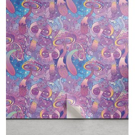 Lunarable Mushroom Peel & Stick Wallpaper for Home, Compositions Trippy Swirls Eyes Dreamlike, Self-Adhesive Living Room Kitchen Accent, 13" x 100", Purple Pale Blue Yellow