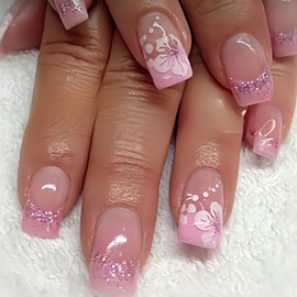 24Pcs Short Square Press on Nails Pink French Tips Fake Nails with Flower Designs Glossy Glue on Nails Full Cover Coffin Nails Tip Acrylic False Nails Spring Stick on Nails Kit for Women DIY Manicure