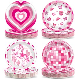 48PCS Pink Club Paper Plates Cowgirl Birthday Party Decorations Supplies Pony Disco Cowgirl Disposable Dinner Dessert Plates for Pink Western Bachelorette Party Baby Shower Favors Serves 48