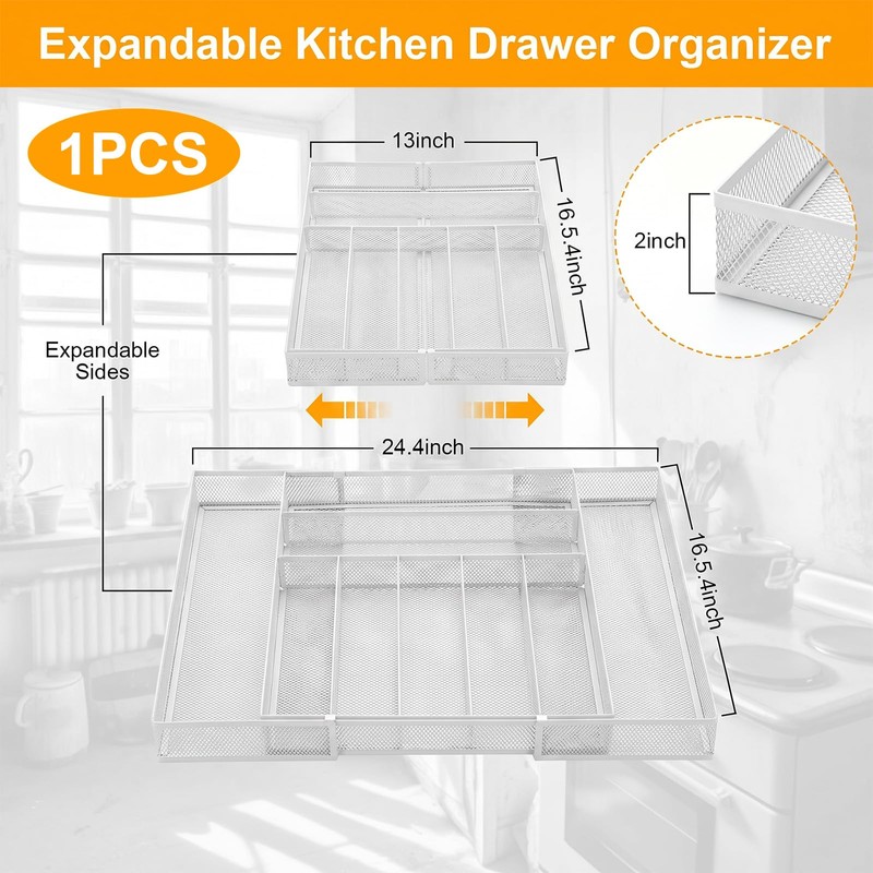 1 Pcs Utensil Drawer Silverware Organizer, Metal Mesh Expandable 13"