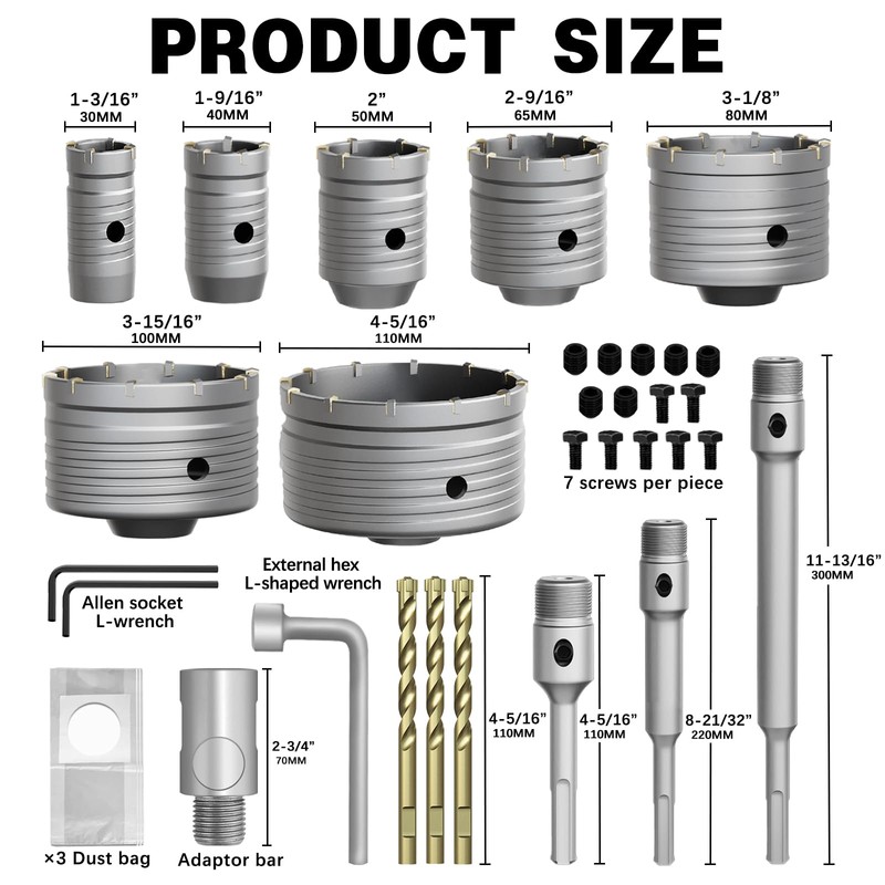 34PCS Concrete Hole Saw Kit,30/40/50/65/80/100/110mm Masonry Hole Saw, with SDS