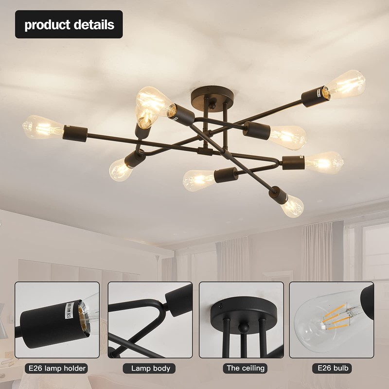 ZGLAOJT Black Semi Flush Mount Ceiling Light Fixture，9 Light Modern