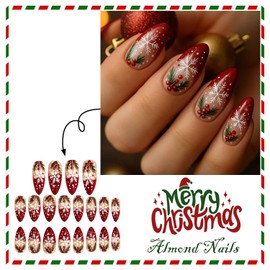 Christmas Press on Nails Medium Almond Fake Nails with Snowflake Designs Xmas Red French Tip False Nail Winter Acrylic Stick on Nail for Women 24 Pcs