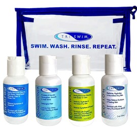 TRISWIM Juego de Tavel en bolsa de cosméticos con champú, lavado corporal, loción y acondicionador para piel hidratada y cabello sano