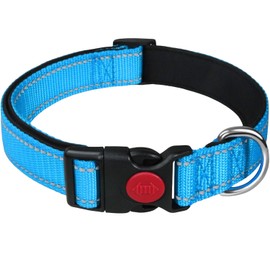 LARRYROO Reflective Dog Nylon Collar | Slide Lock Safety Buckle | Fully Adjustable | Soft Neoprene Padding (Sky Blue, Medium (35cm - 50cm Neck))