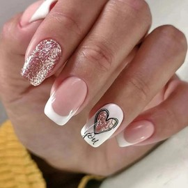 ANDGING French Tip Press on Nails Square Short Medium White Fake Nails Gel Coffin fake on Nails with Bling Glitter Heart Design Acrylic False Nails for Wedding 24Pcs Manicure Stick on Nail with fake