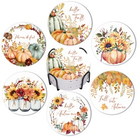Whaline 6Pcs Fall Coasters with Holder Watercolor Autumn Pumpkin Sunflower Ceramic Coasters Absorbent Cup Mat for Thanksgiving Harvest Home Kitchen Office Party Table Decor