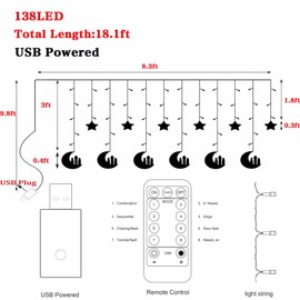 Dazzle Bright Moon Star and Fairy Tale Castle String Lights, 138 LED Muslim Curtain Fairy String Lights, 8 Lighting Modes for Home Holiday Ramadan Christmas Wedding Party Xmas Eid Decorations(USB)