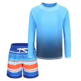 Aisyee Big Boys Two Piece Rash Guard Swimsuits Kids Long Sleeve Bathing Suit with Swim Trunk Swimwear Set Blue Gradient Size 14/12-14 Years