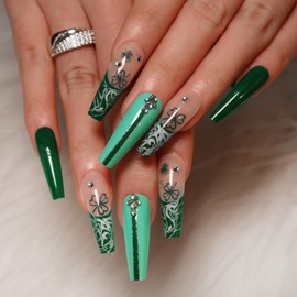 YoYoee Diamond Inlaid Manicure Press on Nails Long Coffin Fake Nails French False Nails Acrylics Ballerina Green Nails Tips for Women and Girls 24PCS