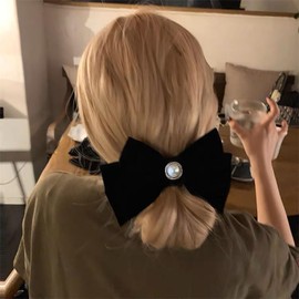 Cybche Vintage Black Velvet Bow Hair Barrettes Black Satin Bow Pearl Hair Clips Velvet Satin Bow Hairclips French Ribbon Bowknot Hair Clips Large Bow Hair Accessories for Women Headdress