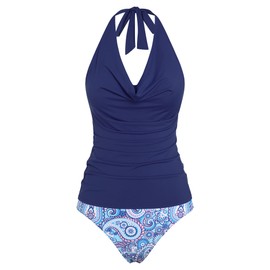 ZAFUL Women's Halter Two Piece Tankini Swimsuit Cowl Neck Swim Tank Top High Waisted Tummy Control Bathing Suits Navy Blue L