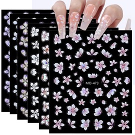 Flower Nail Stickers 6 Sheets Self-Adhesive Floral Nail Decals 5D Embossed Pink Purple White Nail Art Stickers for Women DIY Manicure Accessories Decorations