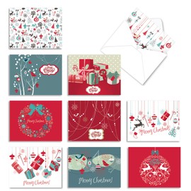 The Best Card Company - 10 Blank Merry Christmas Note Cards (4 x 5.12 Inch) - Boxed Holiday Notecards with Envelopes - Red and Blue Retro Christmas M6663XSB