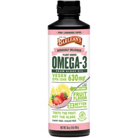 Barlean's Pink Lemonade Vegan Omega 3 Supplement, Liquid Algae Oil with 630 mg EPA & DHA, Plant Based Omegas from Algal Oil, Non-GMO & Gluten Free, 16 oz