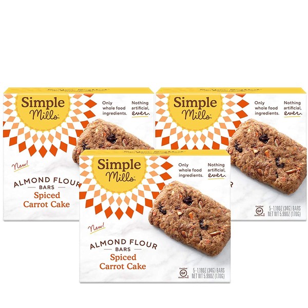 Simple Mills Almond Flour Snack Bars (Spiced Carrot Cake) with Organic Coconut Oil, Chia Seeds, Sunflower Seeds, and Flax Seeds, Made with whole foods, 5 Count (pack of 3) (Packaging May Vary)