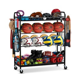 EXTCCT Garage Sports Equipment Organizer - Rolling Ball Storage Bin with Wheels, Garage Sports Gear Rack Outdoor Basketball Racks for Balls with Baseball Bat Holder and Hooks, Toy Organizer