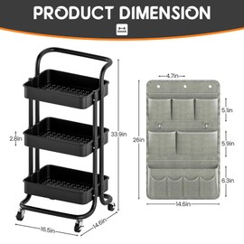 JIPORIER 3 Tier Utility Rolling Cart with Side Bags and 9 Hooks, Mobile Organizer with Metal Handle and Lockable Wheels, Extra Storage for Kitchen Bathroom Office Workshop (Black)