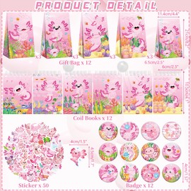 Obussgar Pink Axolotl Party Favour Supplies including Axolotl Gift Bags, Stickers, Badges, Wristbands for Axolotl Theme birthday party