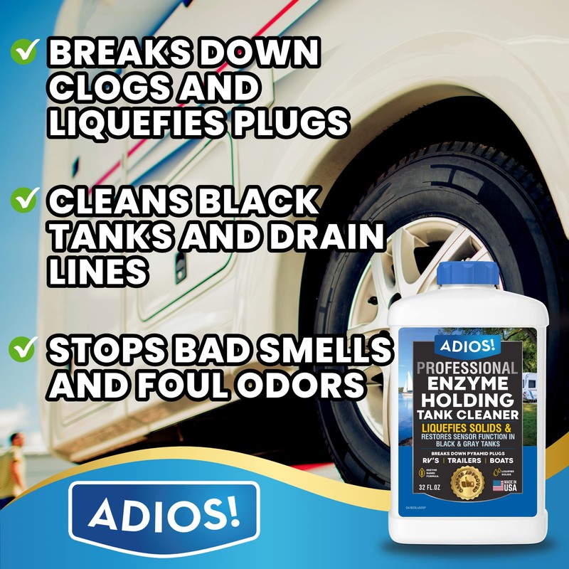ADIOS! RV Black Tank Cleaner - Unclogs Plugs, Stops Odors,