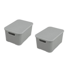 BranQ - Home essential Set of 3 Plastic Rattan Baskets with Lids made of Bisphenol A (BPA)-Free Polypropylene, Light Grey, Size M (10 Litres)