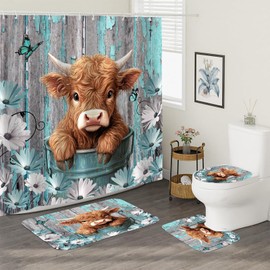 Sokdcam Highland Cow Bathroom Sets with Rugs and Accessories, Farmhouse Cow Daisy Flower Shower Curtain Decor with Non-Slip Bath Mat Toilet Cover U Shaped Mat Set 4 Pcs