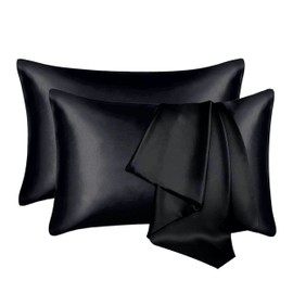 Satin Pillow Cases 2 Pack, GVTECH Pillowcase for Hair and Skin Luxury Soft Breathable Standard Size with Envelope Closure, 50 x 75 cm (Black)