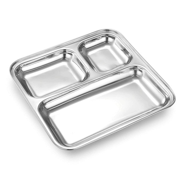 Garden Of Arts Heavy Duty Stainless Steel Square Small Dinner Plate with 3 Sections Divided Mess Trays for Kids Lunch, Camping, Events & Every Day Use Kitchenware (Set of 2)