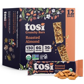 Tosi Nut Bars, Almond, Healthy Snacks for Adults & Kids, Plant Based Crunchy Bars (5G Protein), Organic Keto Snacks, Vegan, Gluten & Soy Free, Low Sugar, Omega 3s, 1oz, 12-Pack