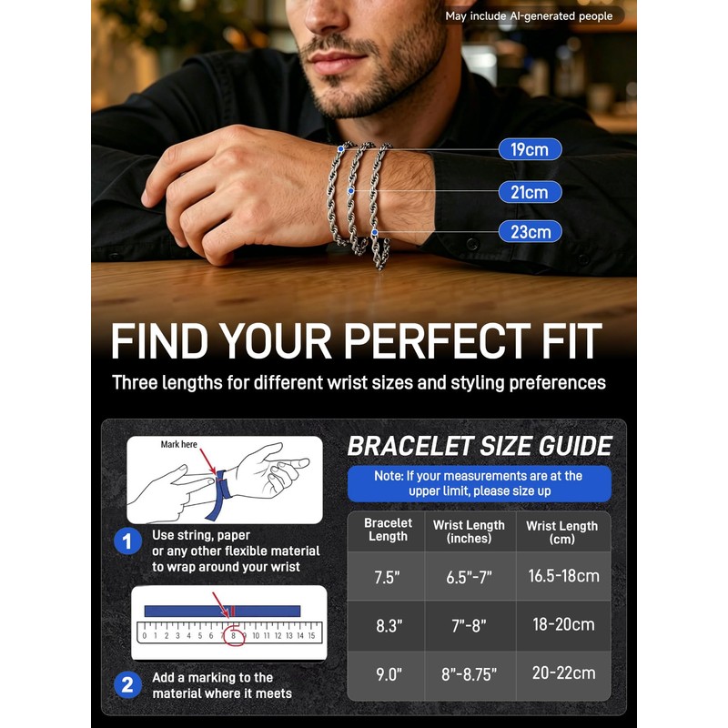 ChainsPro Rope Bracelet for Men, Waterproof Stainless Steel Chain Bracelet