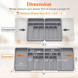 Lifewit Large Silverware Drawer Organizer, Expandable From 21 to 36 Inches, BPA Free Plastic Utensil Tray for Kitchen, Adjustable Flatware and Cutlery Holder for Spoons Forks Knives, Gray