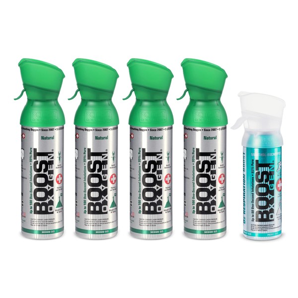 Boost Oxygen Canned 4 Portable 5 Liter Natural Oxygen Canister Bottle with 1 Natural Pocket Sized Pure Canned Oxygen Bottle Canister