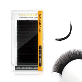 NAGARAKU Ellipse Flat Eyelash Extension Professional Double Split Tip Single False Eyelashes Accessories Matte Black U-Shaped Design Eyelash Extension 16 Rows (0.15 mm D Curl 14 mm)