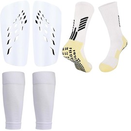 Espinilleras Futbol Calcetines de Futbol Antideslizantes 3 Pares en 1, Espinilleras de Fútbol, Calcetines Antideslizantes,Mallas de Fútbol, Protección de Cojín EVA (Blanco)