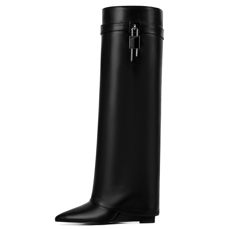 Phefarer Women Wedge Heel Fold Pointy Pull-On Knee Shark Boot,