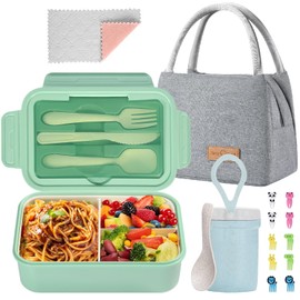 KAIFTEK Bento Lunch Box for Kids, Bento Box Adults Lunch Box Leak-proof for Kids Toddler Teens School, Lunch Box Containers Durable with Lunch Bag, Cup, Spoon, Forks, Dishcloth (Green Set)