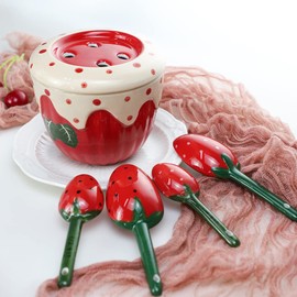 Sizikato 4pcs Porcelain Measuring Spoons with Base, Cute Strawberry Shape