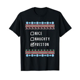 Nice, Naughty, Preston Christmas Ugly Sweater Style T-Shirt