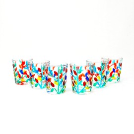 Murano Glass Italian Crystal Shot Glasses, Hand Painted Flowervine Pattern, Set of 6 - Made In Italy