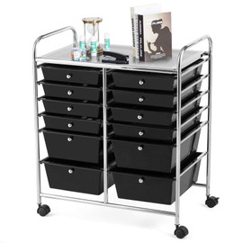 RELAX4LIFE 12 Drawer Rolling Storage Cart, Utility Cart w/Wheels for Paper Tool Makeup, Art Supplies Craft Organizers for Home Teacher Office School Classroom, Mobile Drawer Carts (Black)