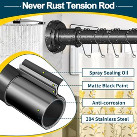 Black Shower Curtain Rod 36-98 Inch(3-8.17ft) Never Rust Non Slip No Drilling Spring Tension Shower Rod, Long Tension Curtain Rod, Adjustable Curtain Rod for Bathroom Window Patio
