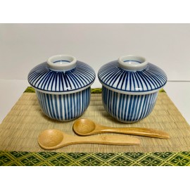 Japanese Porcelain Chawan-mushi Cups with Lid and Spoon, 3.2 x H3.8 Inches, 8.1 Fluid Ounces, Tokusa Pattern Mino Ware, Set of 2, from Japan M1975