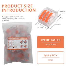 YQSIYU Lever-Type Wire Connector 3 Port, 28-12AWG Lever Nuts Wire Connectors in Transparent White with Orange Handle, Splicing Connectors, Quick Connect Wire Connectors, Pack of 50
