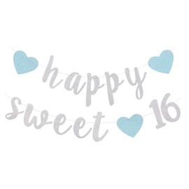 Happy Sweet 16 Banner 16th Birthday Party Sign Decoration Bunting - Glitter Silver